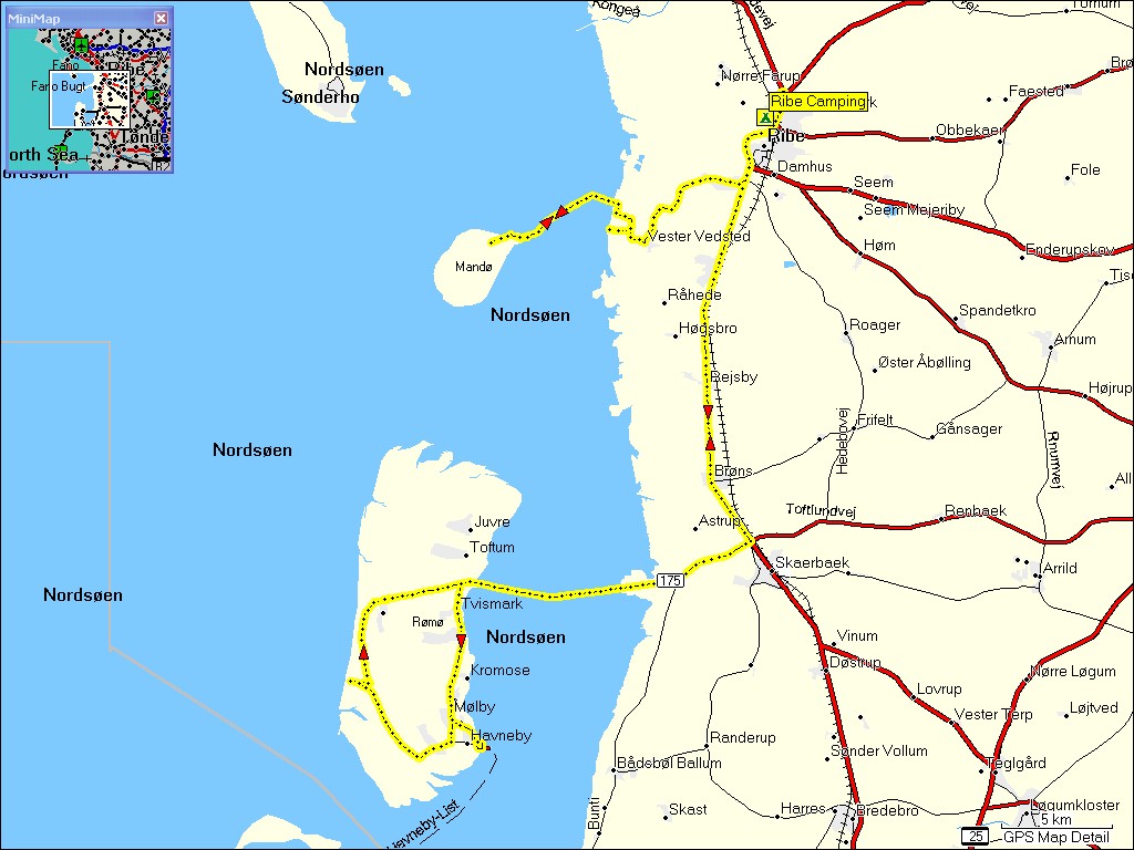 karte mit wegstrecke des ausflug von ribe, DK nach rm und mand