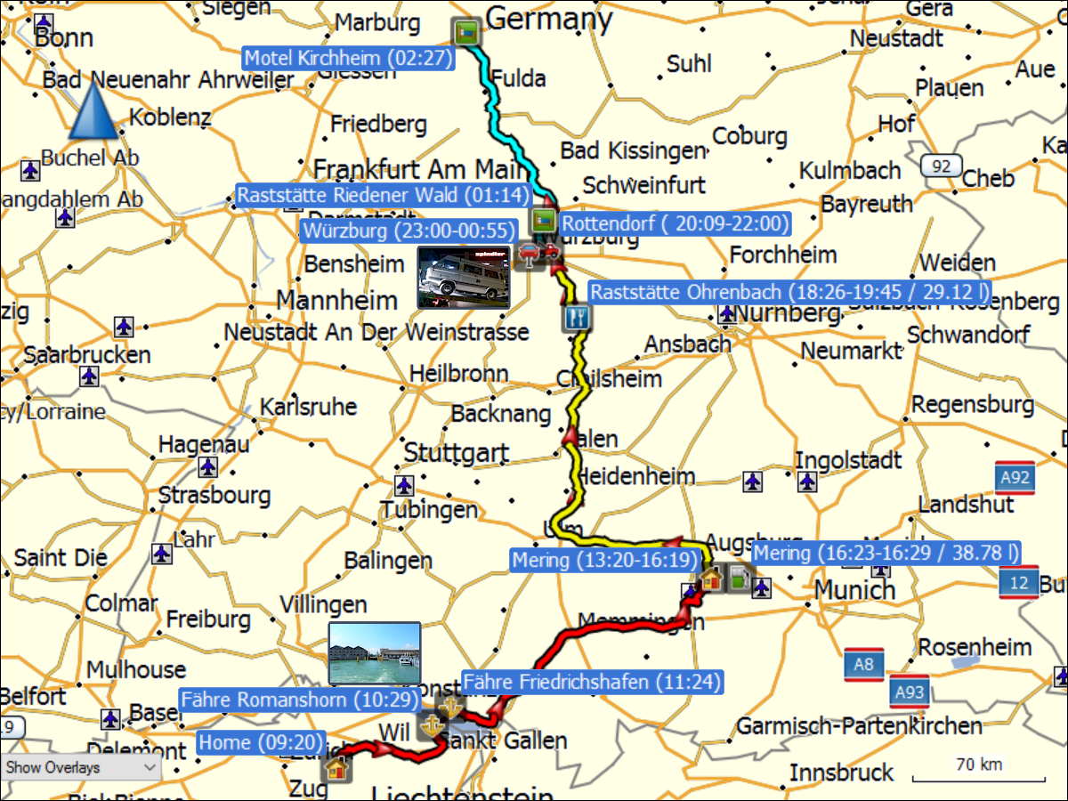 wegstrecke der fahrt von daheim via mering und wuerzburg nach kirchheim