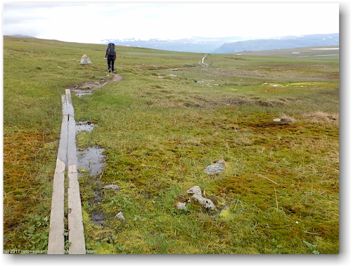 steg ueber einen sumpfigen abschnitt des kungsleden auf der hochebene noerdlich von vakkotavare