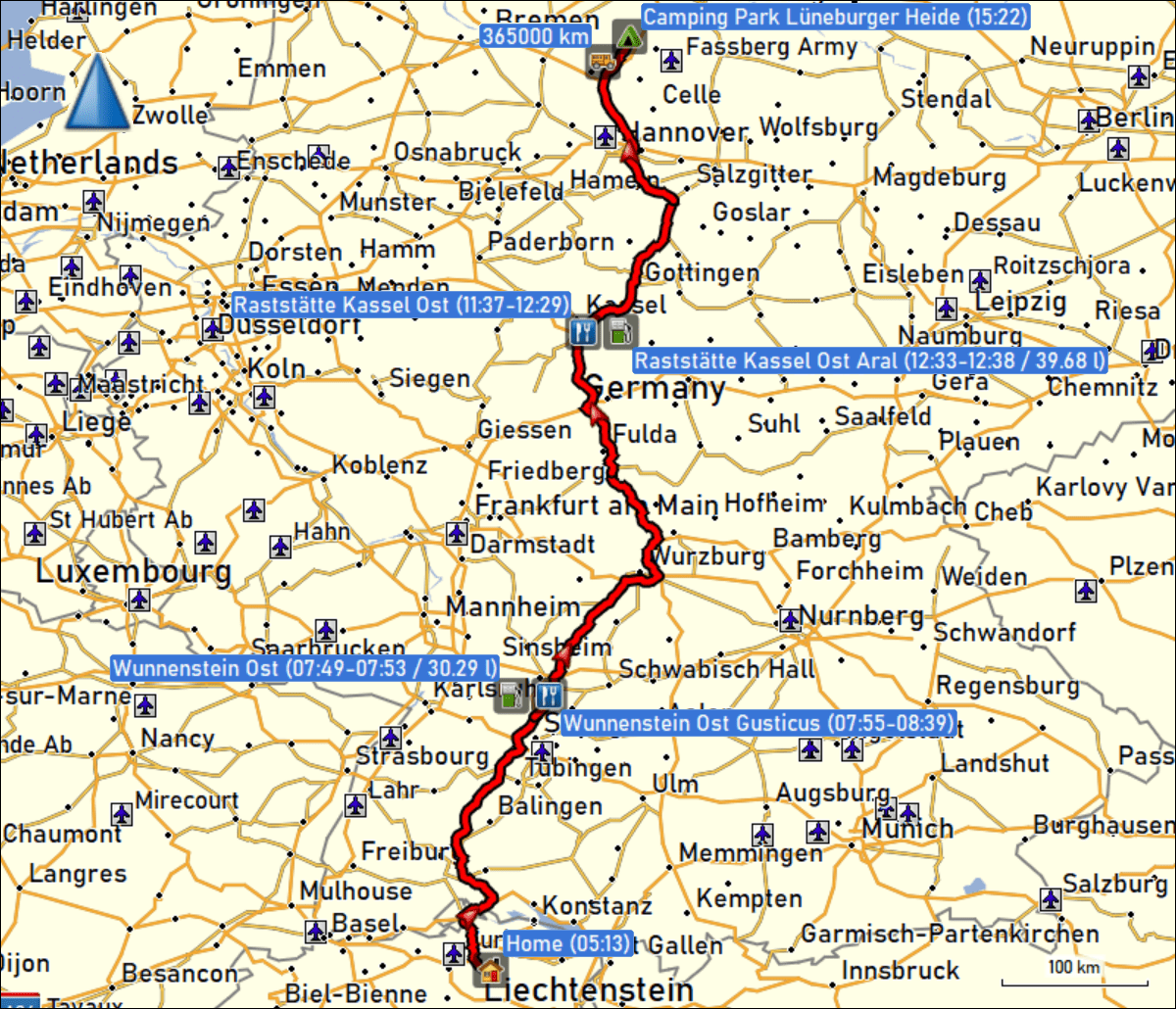 wegstrecke der fahrt von daheim zum camping park lueneburger heide in heber