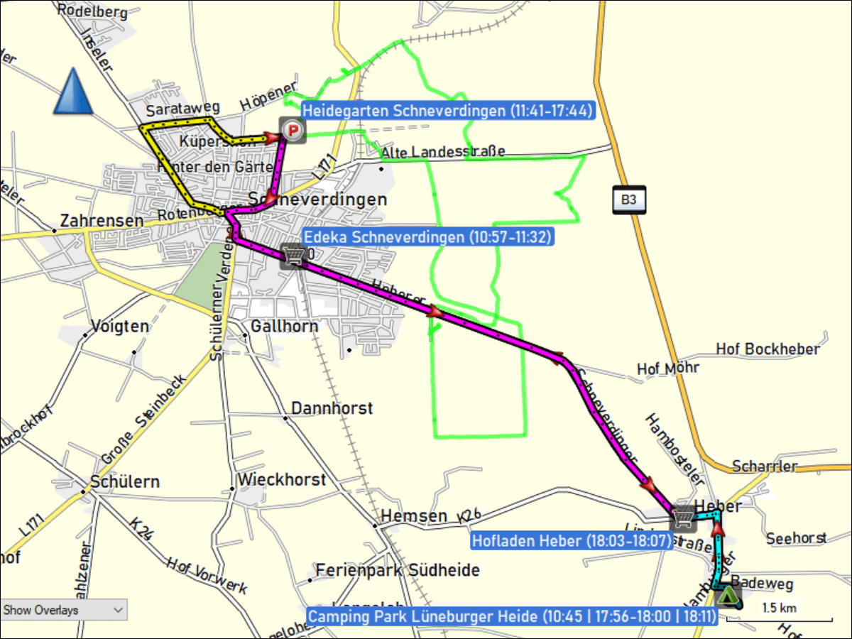 wegstrecke der fahrt vom camping park lueneburger heide in heber zum EDEKA und zum heidegarten in schneverdingen und zurueck