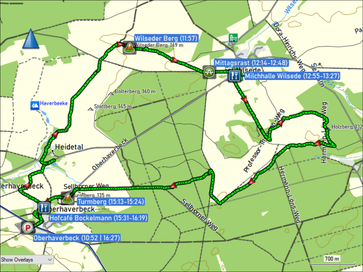 wegstrecke der rundwanderung von oberhaverbeck via wilseder berg, wilsede, totengrund mit holzberg und turmberg zurueck nach oberhaverbeck