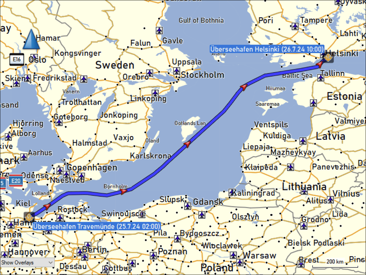 wegstrecke der ueberfahrt mit der faehre finnlady von travemuende nach helsinki