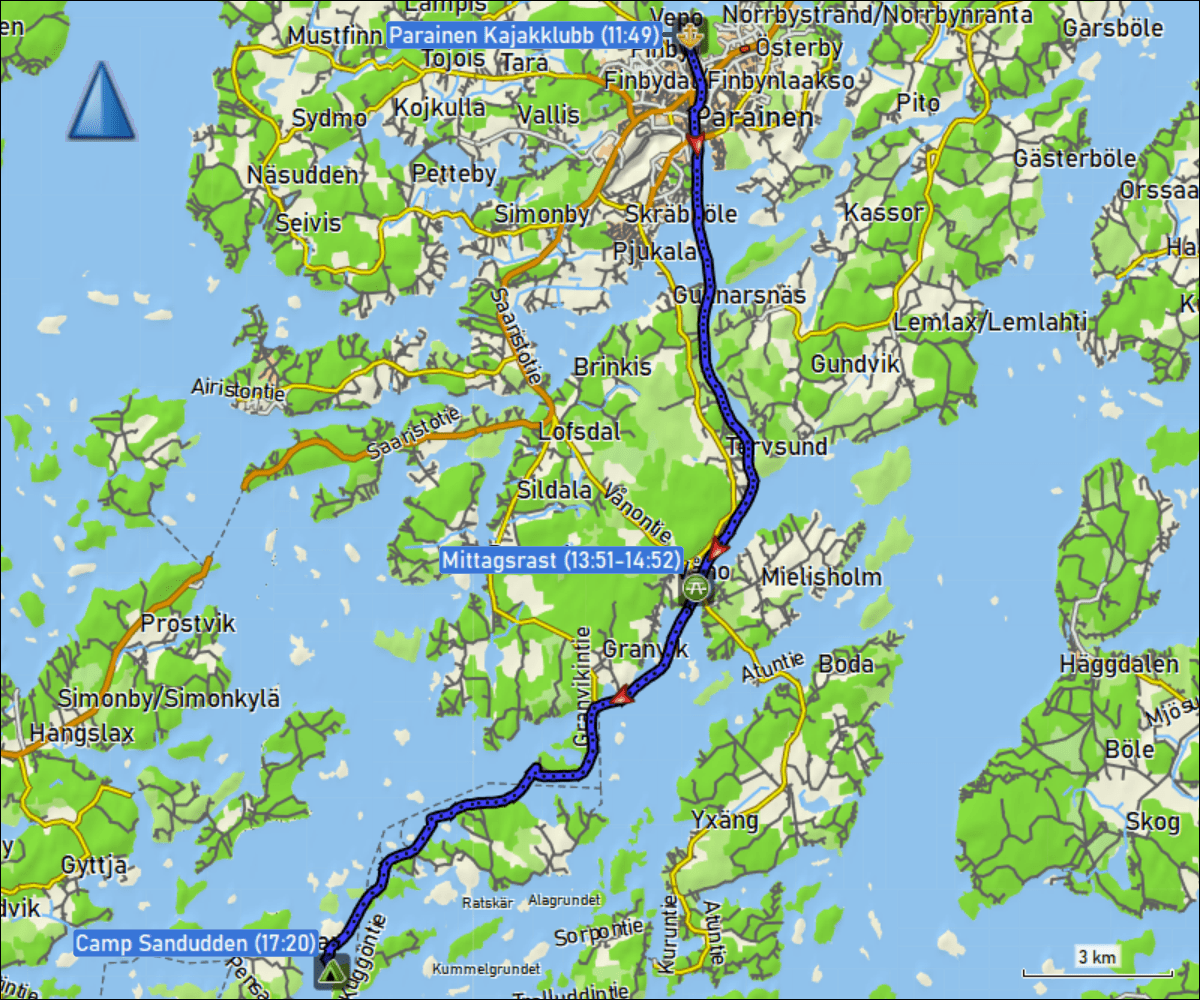 wegstrecke der kajaktour vom parainen kajakklubb zum camp sandudden