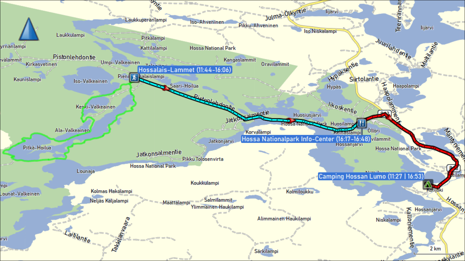 wegstrecke der fahrt vom camping hossan lumo nach hossalais-lammet und zurueck via hossa nationalpark info-center