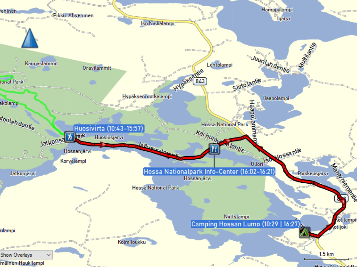 wegstrecke der fahrt vom camping hossan lumo nach huosivirta und zurueck via info-center des hossa nationalpark