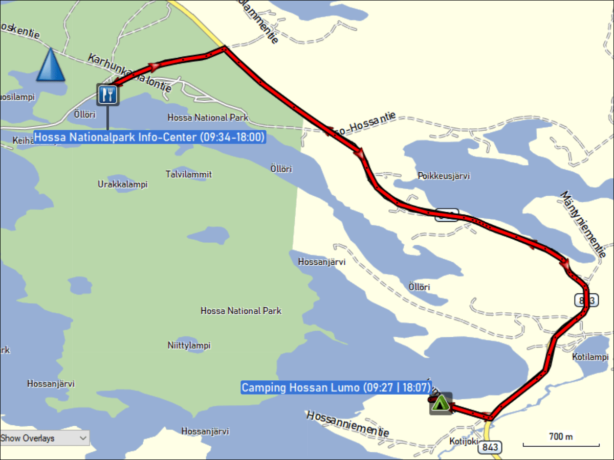 wegstrecke der fahrt vom camping hossan lumo zum info-center des hossa nationalpark und zurueck