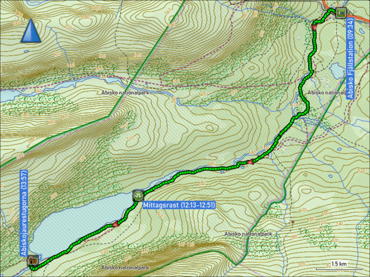 wegstrecke der wanderung von der abisko fjaellstation zu den abiskojaurestugorna