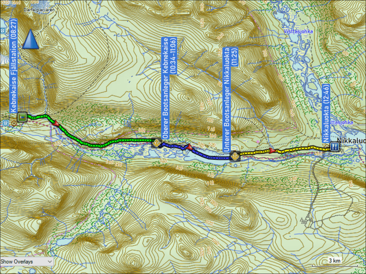 wegstrecke der wanderung von der kebnekaise fjaellstation nach nikkaluokta inklusive der bootsfahrt ueber den laddjujavri