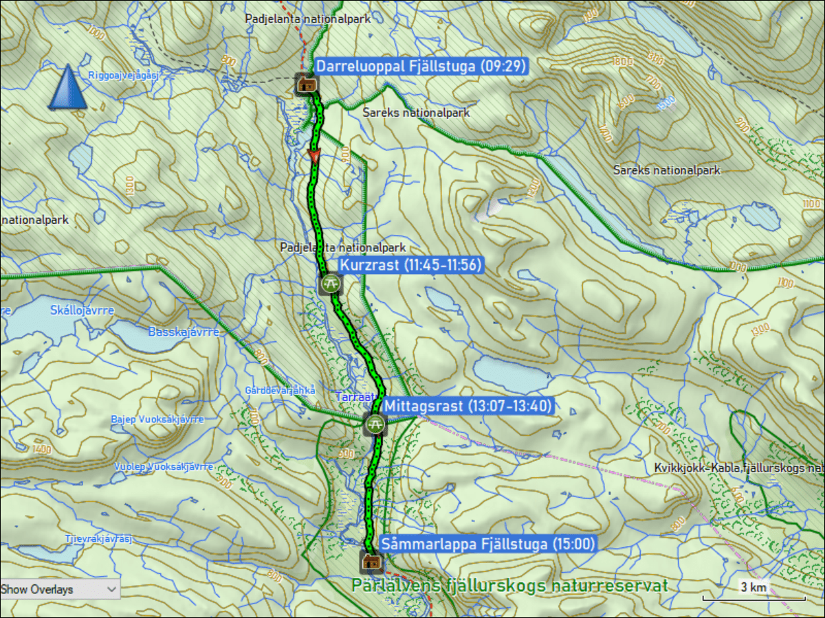wegstrecke der wanderung von der darreluoppal fjaellstuga zur sammarlappa fjaellstuga