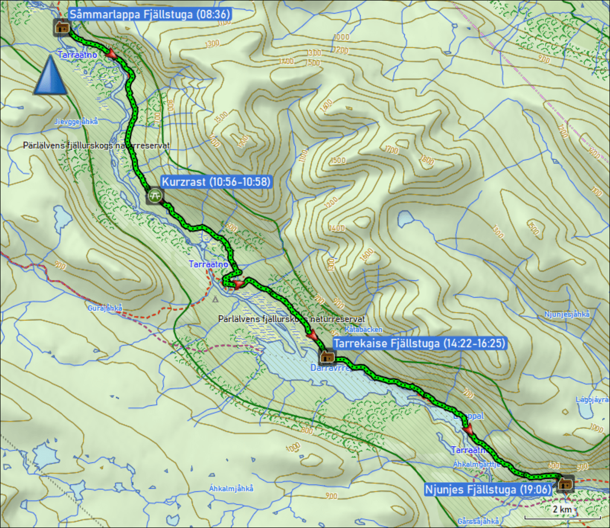 wegstrecke der wanderung von der sammarlappa fjaellstuga zur niunjes fjaellstuga
