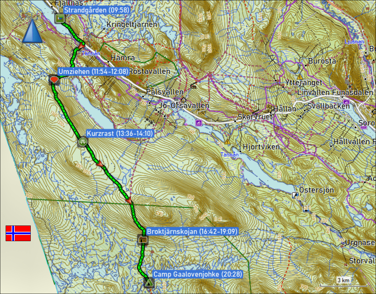wegstrecke der wanderung vom strandgarden bei fjaellnaes zum camp gaalovenjohke
