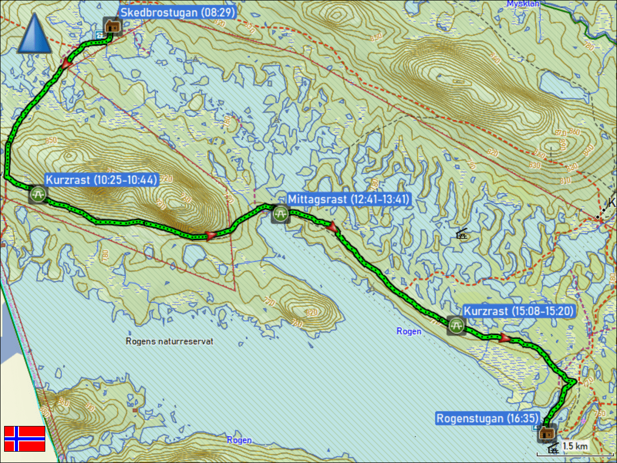 wegstrecke der wanderung von der skedbrostugan zur rogenstugan