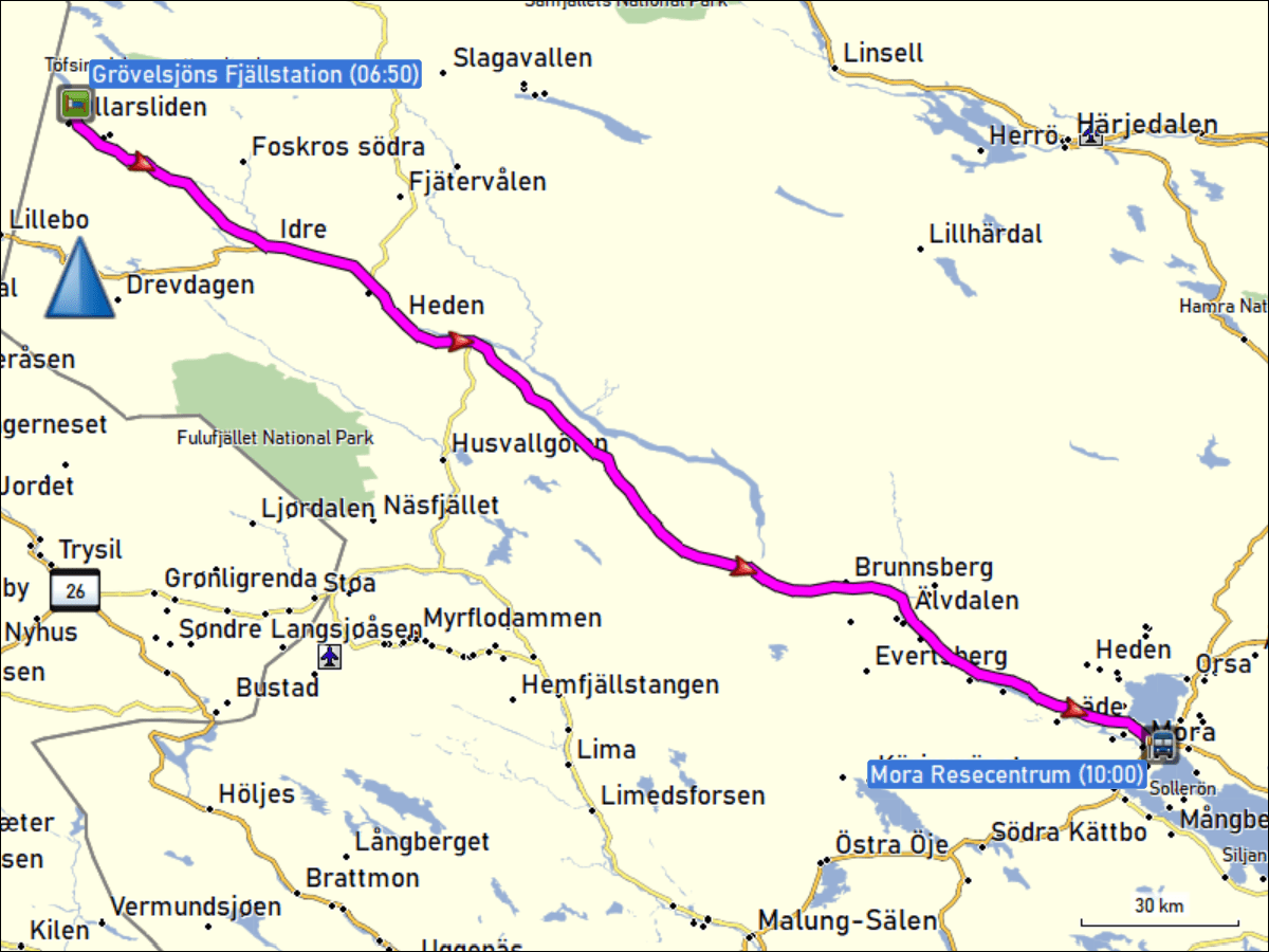 wegstrecke der busfahrt von der groevelsjoen fjaellstation zum mora resecentrum
