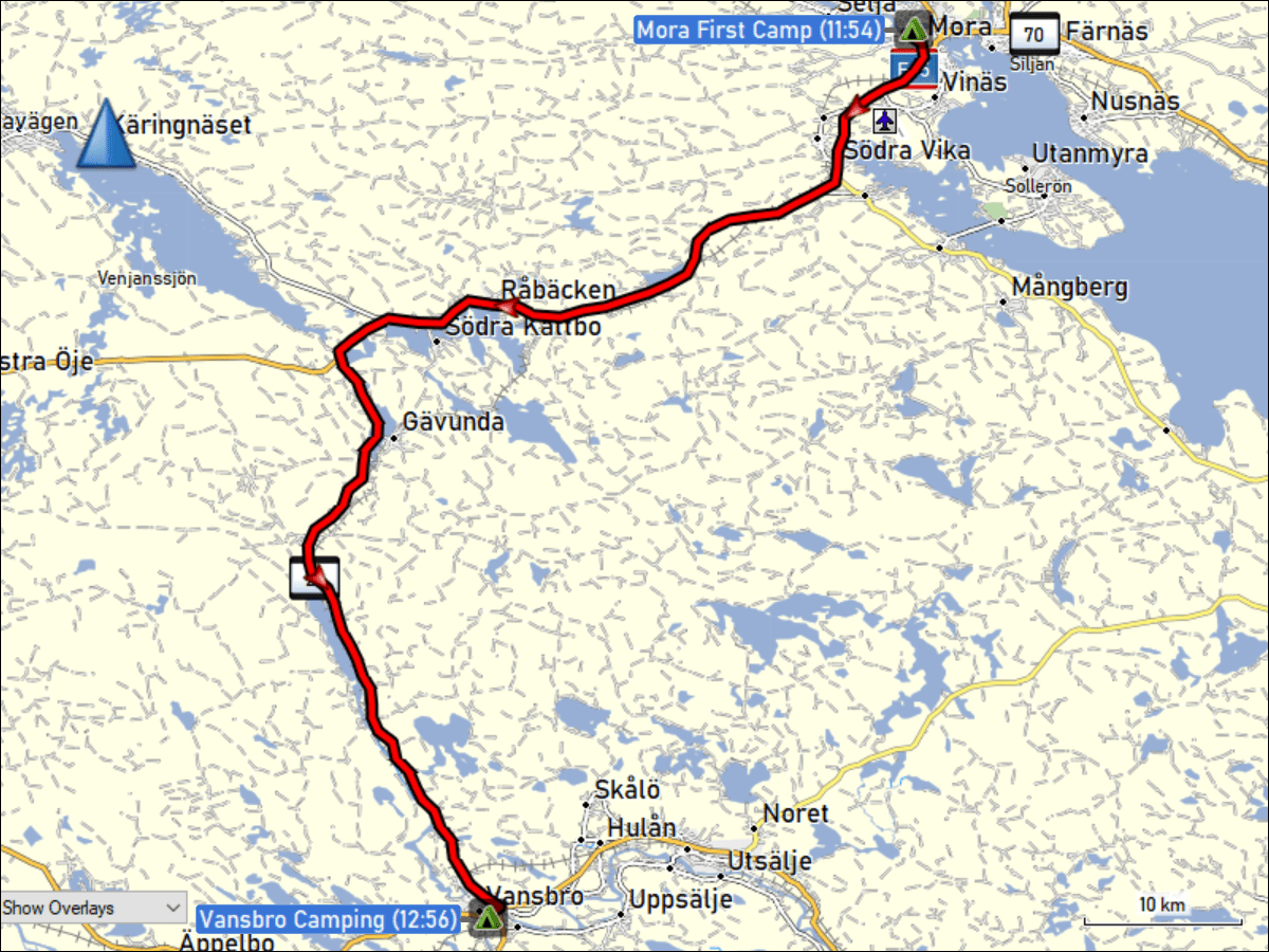wegstrecke der fahrt vom mora first camp zum vansbro camping