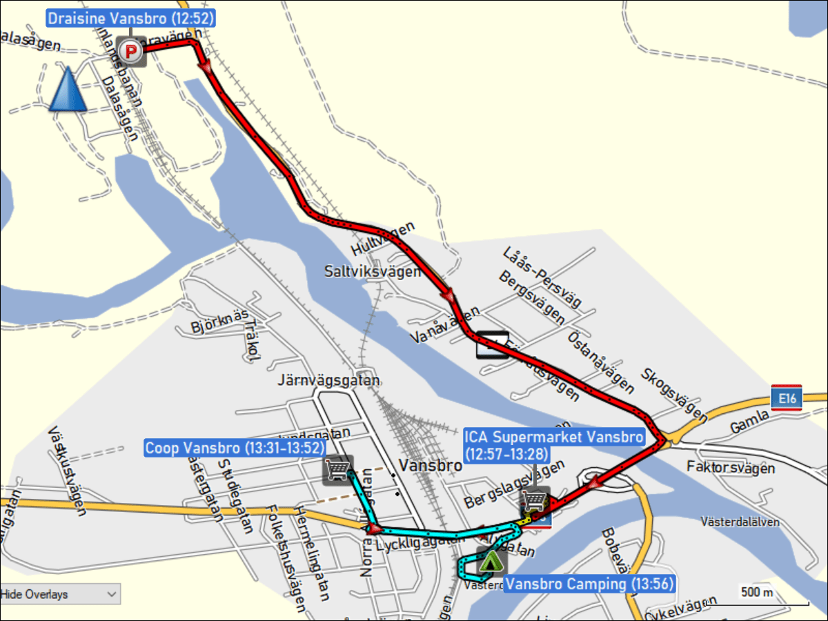 wegstrecke der fahrt vom parkplatz der draisine via ICA supermarket und coop zum vansbro camping