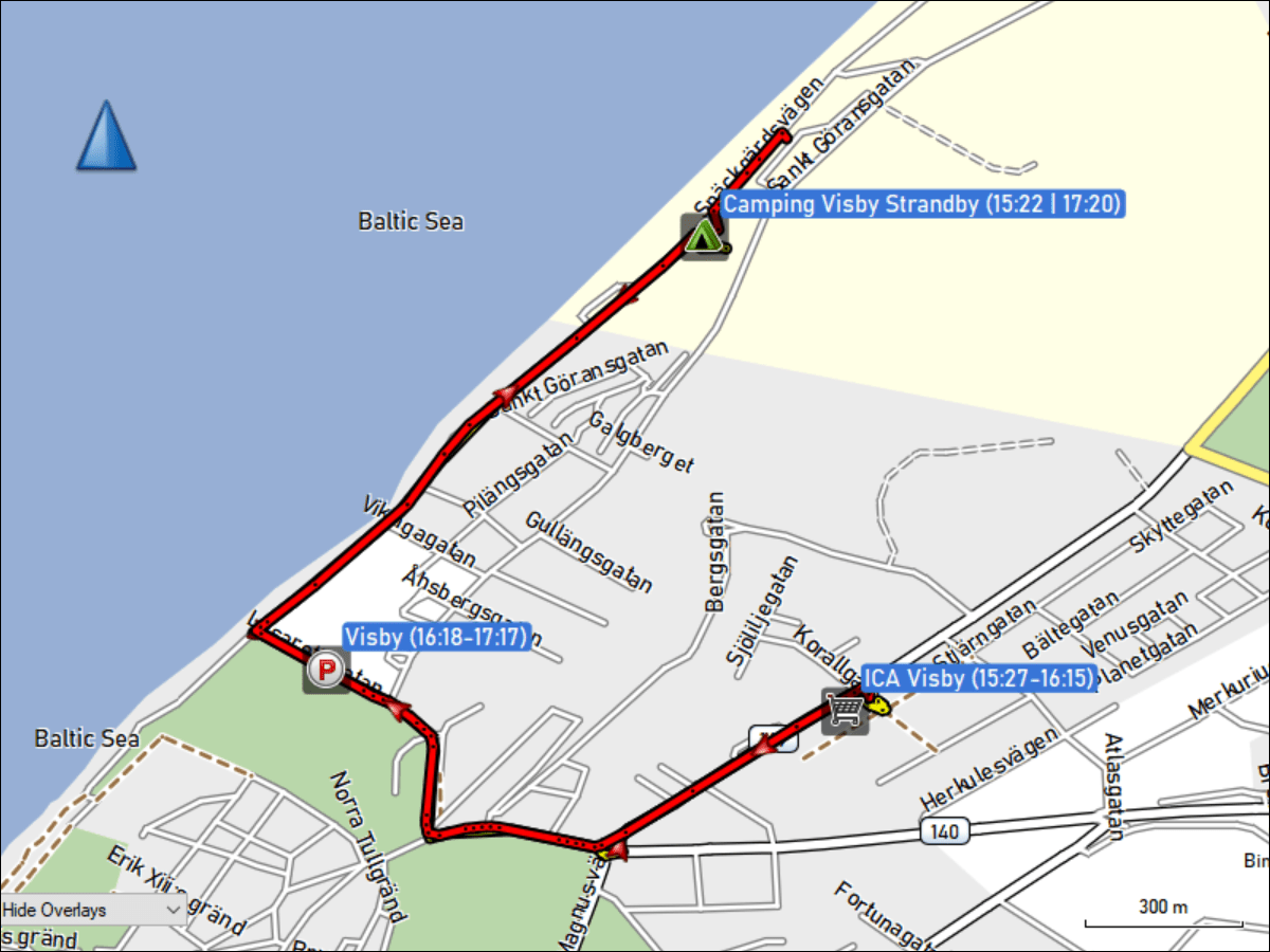 wegstrecke der fahrt vom camping visby strandby zum ICA und zurueck