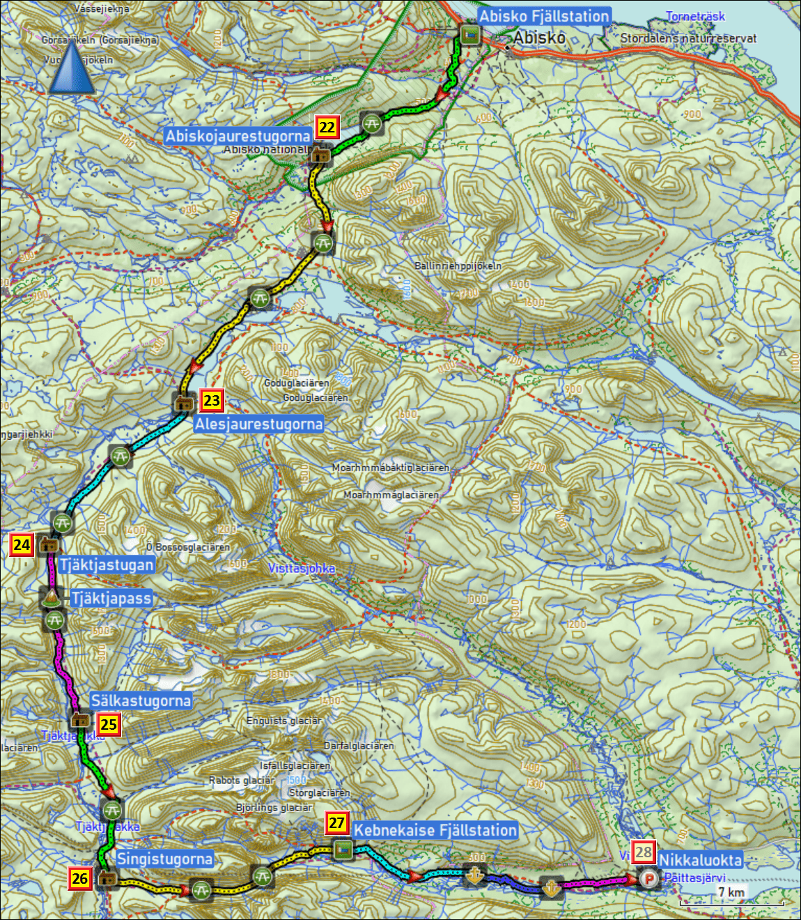 zurueckgelegte wegstrecke wanderung auf dem noerdlichen kungsleden zwischen abisko und nikkaluokta mit tageszielen