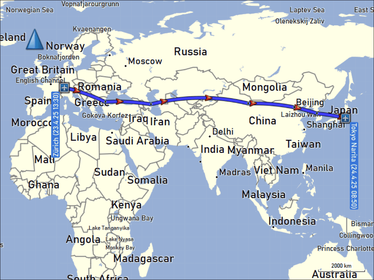 wegstrecke des flugs LX160 von zuerich kloten (ZRH) nach tokyo narita (NRI)