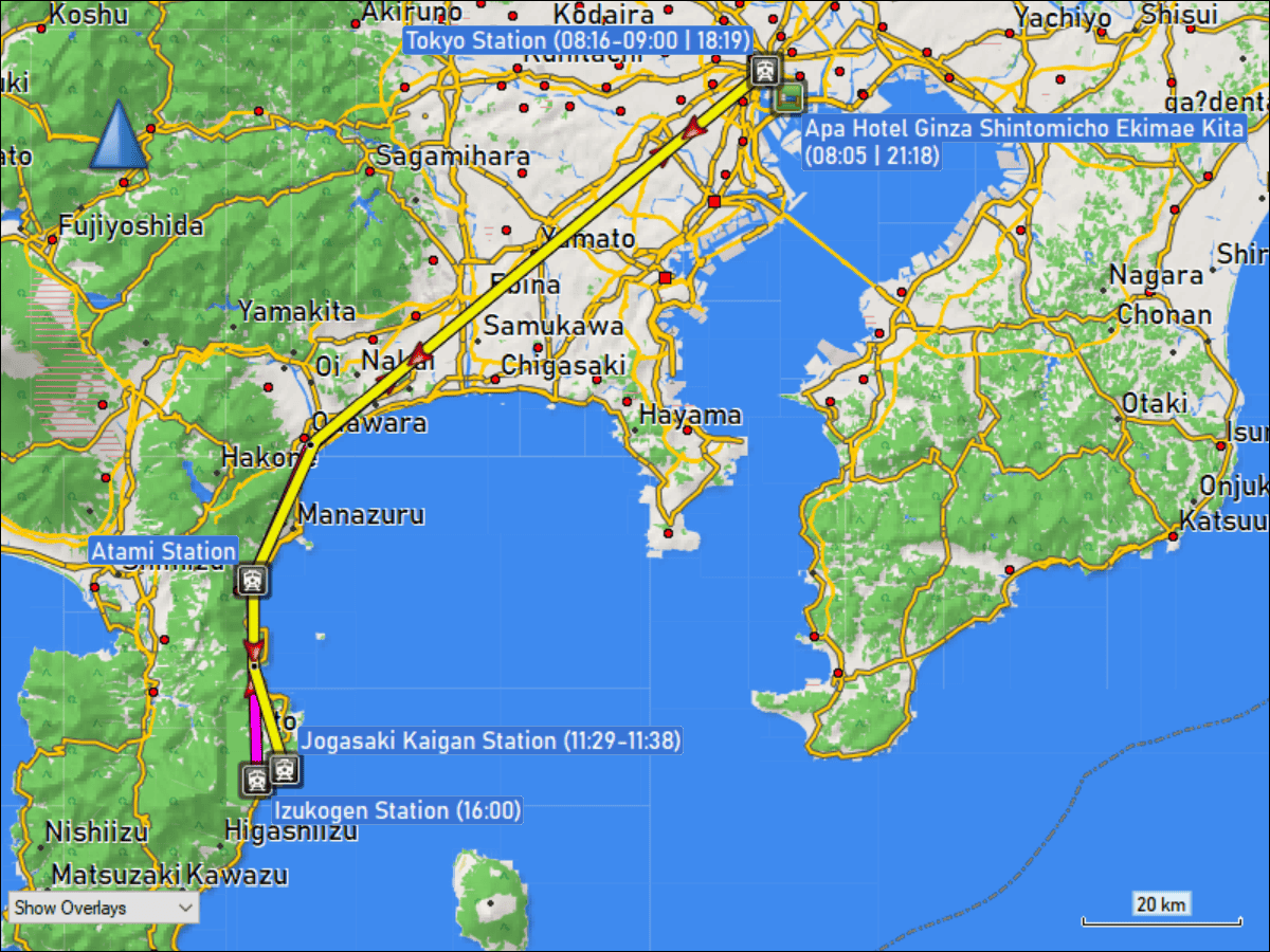 wegstrecke der fahrt mit dem zug vom hauptbahnhof tokyo via atami zum bahnhof jogasaki kaigan sowie der fahrt mit dem zug vom bahnhof izukogen via atami zum hauptbahnhof tokyo
