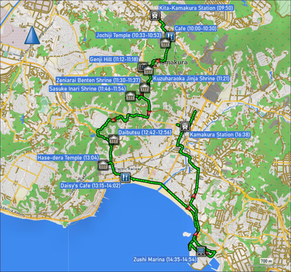wegstrecke der wanderung ueber den daibutsu hike trail vom bahnhof kita kamakura zum bahnhof kamakura