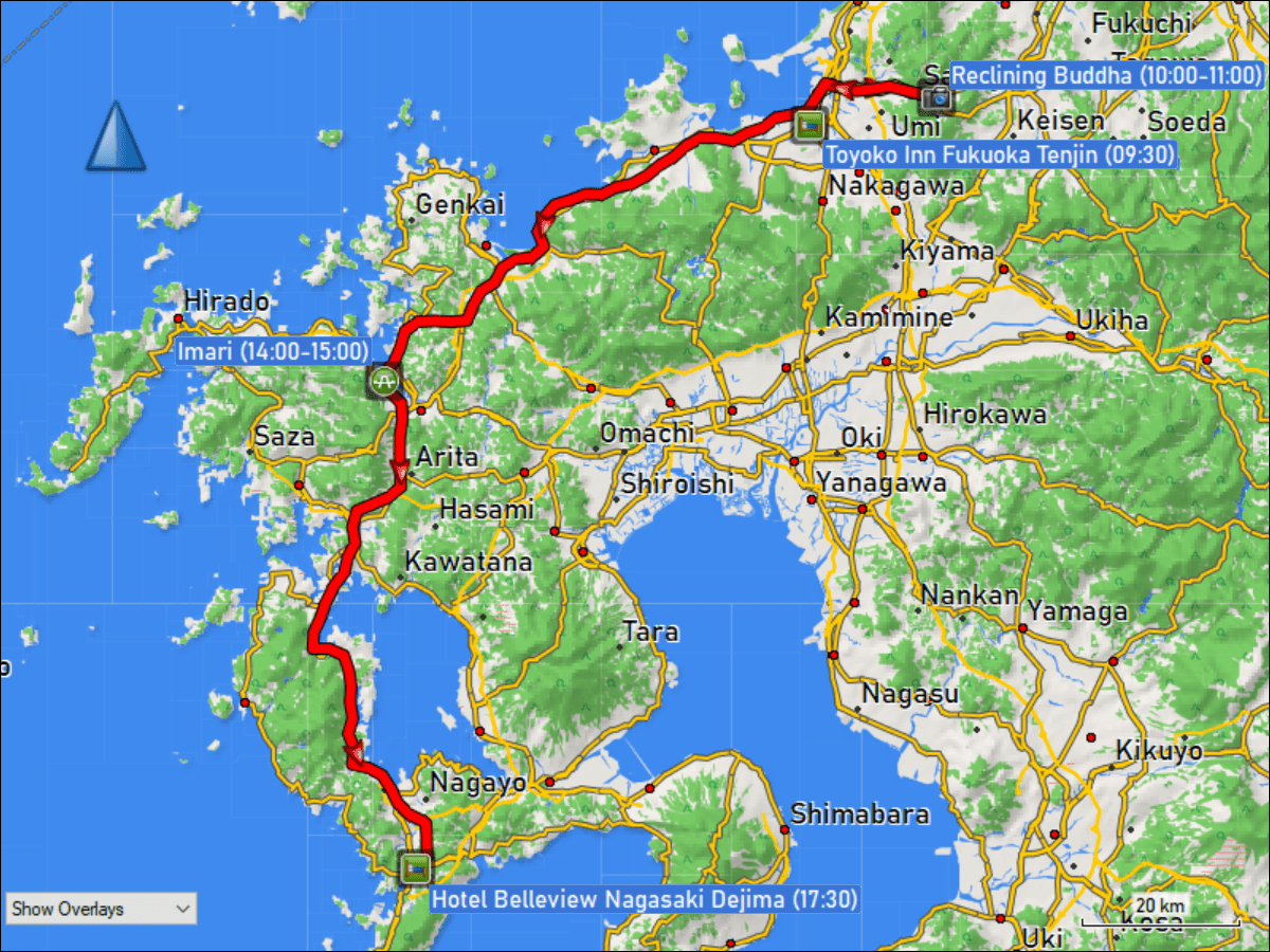 wegstrecke der fahrt vom hotel toyoko inn fukuoka tenjin via nanzoin tempel bei sasaguri zum hotel belleview nagasaki dejima