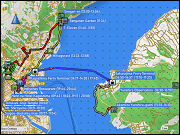 karte der fussmaersche, der busfahrt und der ueberfahrten mit der faehre in und um kagoshima