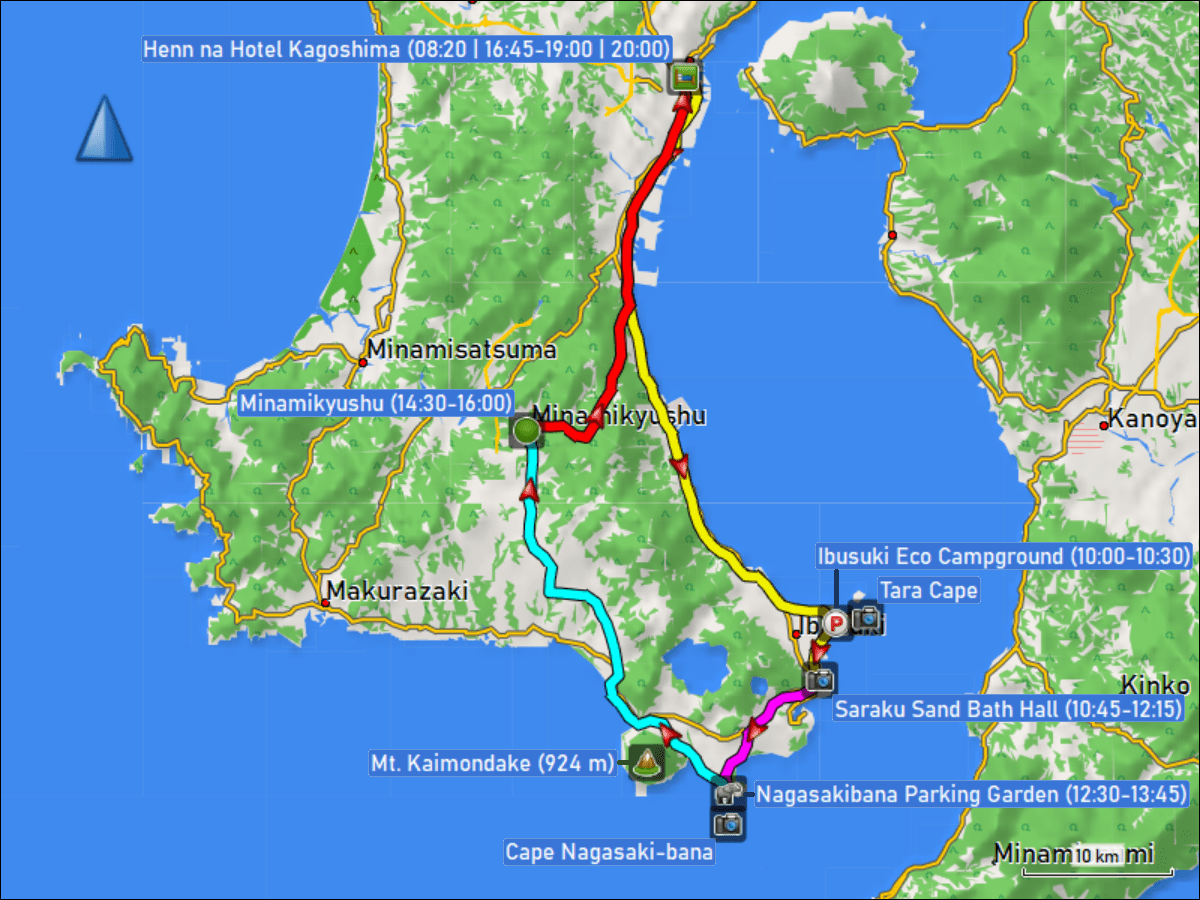wegstrecke der rundfahrt kagoshima - ibusuki - minamikyushu - kagoshima