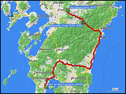 karte und hoehenprofil der fahrt vom henn na hotel kagoshima via takachiho schlucht zum hotel aso hakuun sanso