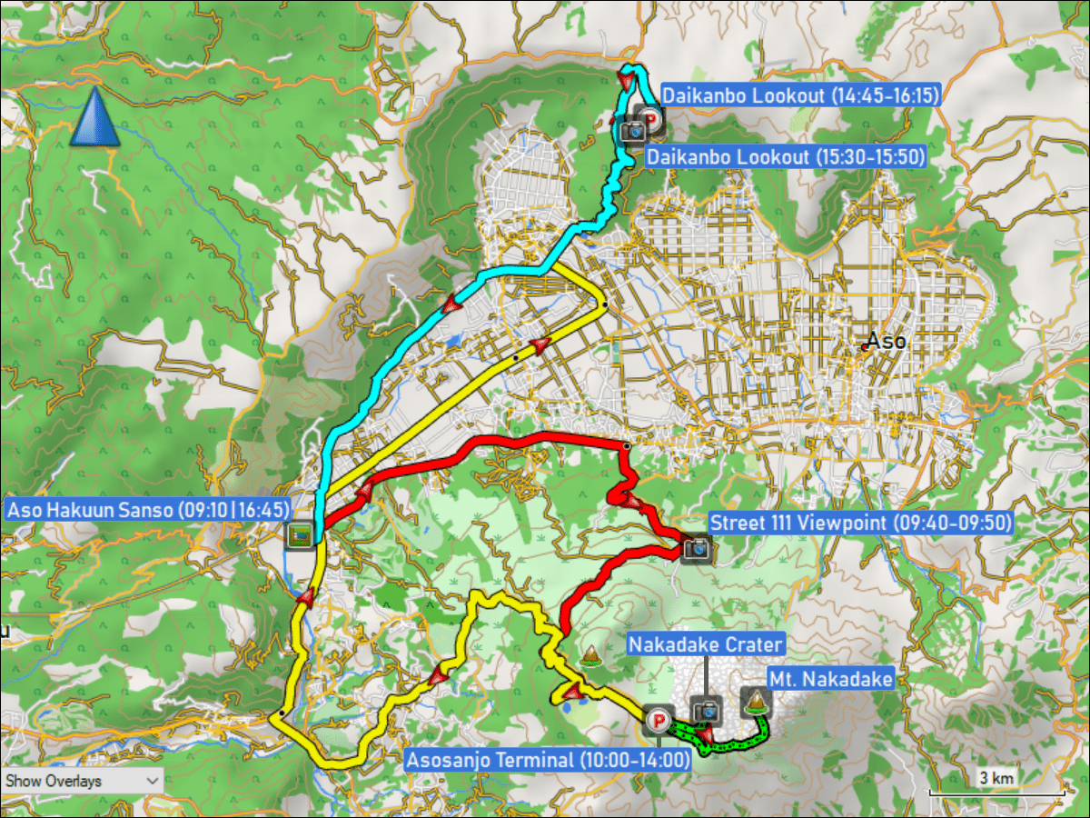 wegstrecke der rundfahrt vom hotel aso hakuun sanso zum parkplatz beim asosanjo terminal sowie zum parkplatz beim daikanbo aussichtspunkt und zurueck zum hotel