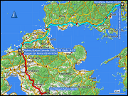 karte der fahrt vom hotel aso hakuun sanso zur niederlassung von budget car rental in fukuoka sowie der fahrt mit dem shinkansen vom bahnhof hakata in fukuoka zum bahnhof von hiroshima, hoehenprofil der fahrt vom hotel aso hakuun sanso zur niederlassung von budget car rental in fukuoka und karte mit den fussmaerschen und den fahrten mit der u-bahn in fukuoka