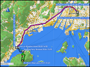 karte mit wegstrecke der fahrt mit dem zug von hiroshima nach miyajima-guchi, ueberfahrt mit der faehre auf die insel miyajima und mit faehre und zug zurueck nach hiroshima sowie karte und hoehenprofil der rundwanderung zum mount misen observatory auf der insel miyajima und karte des fussmarsches vom hotel sotetsu fresa inn hiroshima zum restaurant okonomimura und via cafe zurueck zum hotel