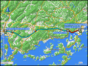 karte der zugfahrt von hiroshima via mihara nach onomichi sowie karte und hoehenprofil des fussmarsches vom sakura simanami hotel via hotel cycle zum senkoji park und durch die stadt zurueck zum hotel