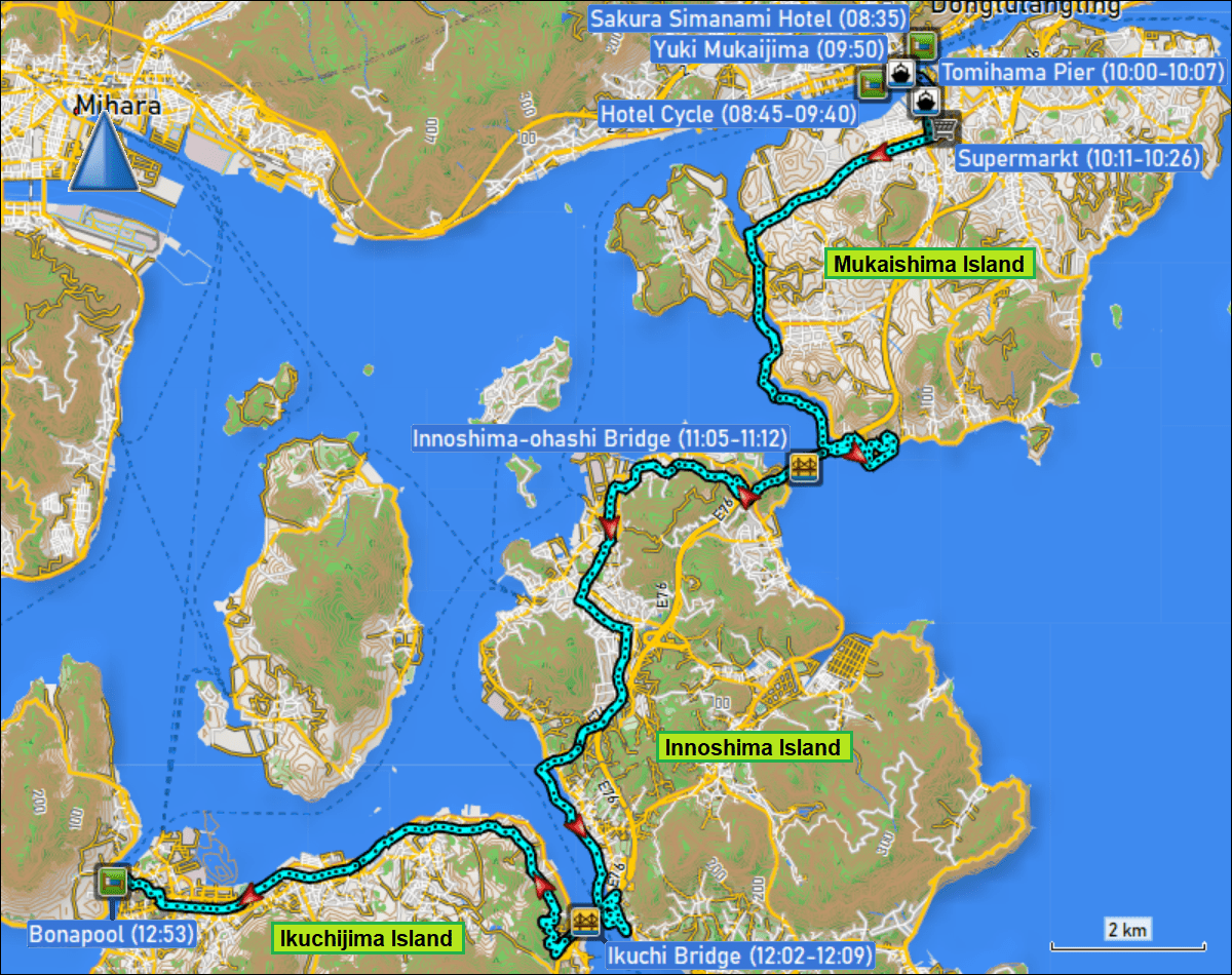 wegstrecke der ueberfahrt mit der faehre von yuki mukaijima zum tomihama pier sowie der radtour vom tomihama pier auf der insel mukaishima zum hotel bonapool auf der insel ikuchijima