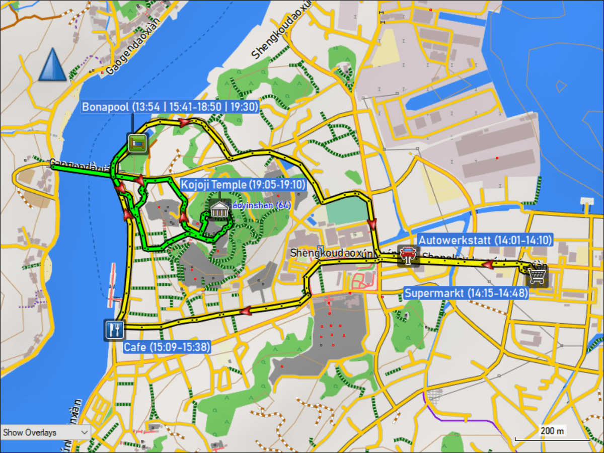 wegstrecke der fahrt mit den raedern vom hotel bonapool zum supermarkt und via cafe am setodasuido zurueck zum hotel plus abendspaziergang vom hotel bonapool zum kojoji tempel und via die bruecke �ber den setodasuido zurueck zum hotel