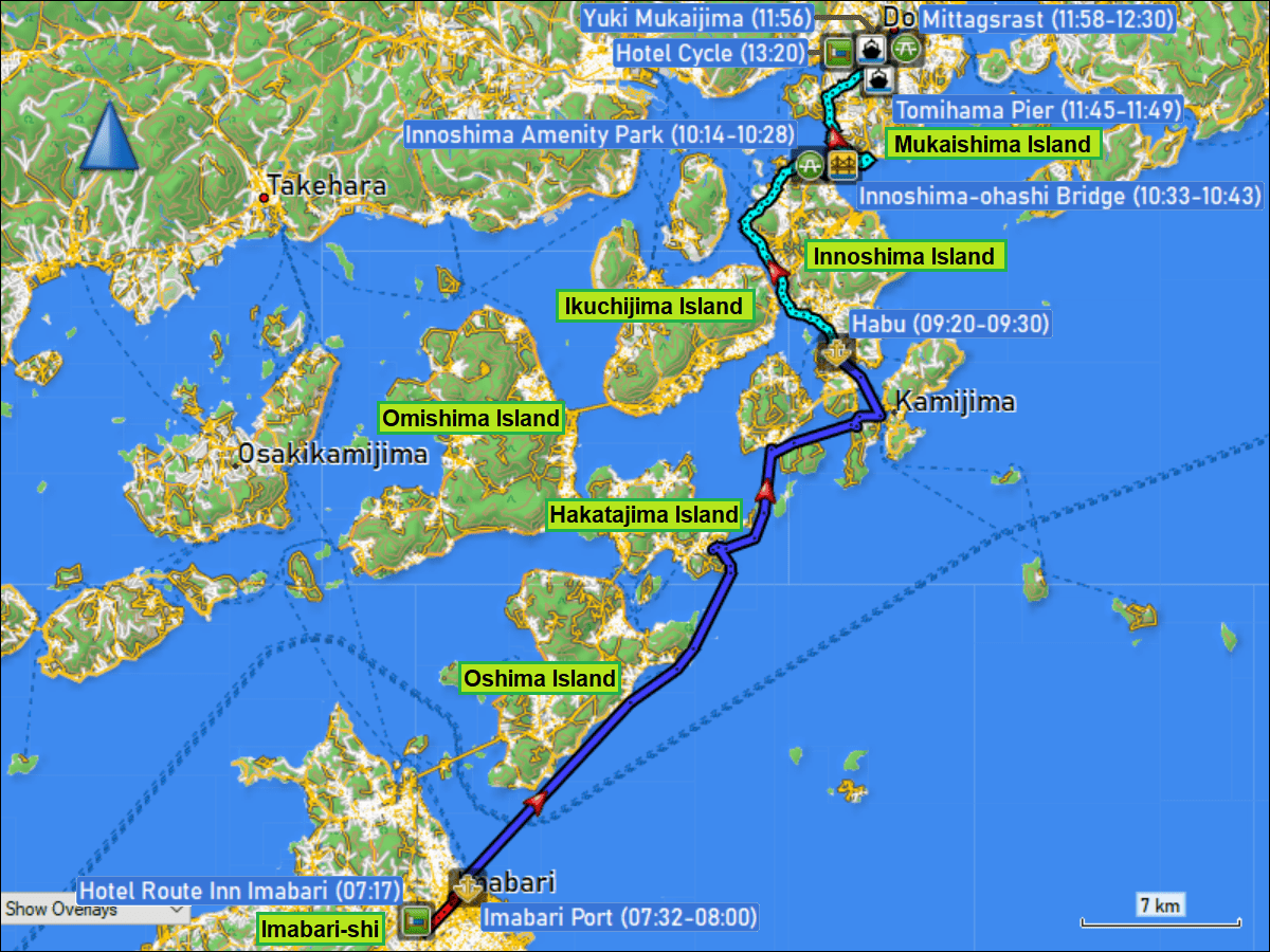 wegstrecke der fahrt mit dem fahrrad vom hotel route inn zum hafen in imabari, der ueberfahrt mit dem schiff von imabari nach habu, der radtour von habu zum tomihama pier und der ueberfahrt mit der faehre ueber den onomichi-suido