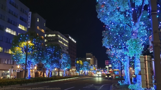 beleuchtete otemae-dori im zentrum von himeji