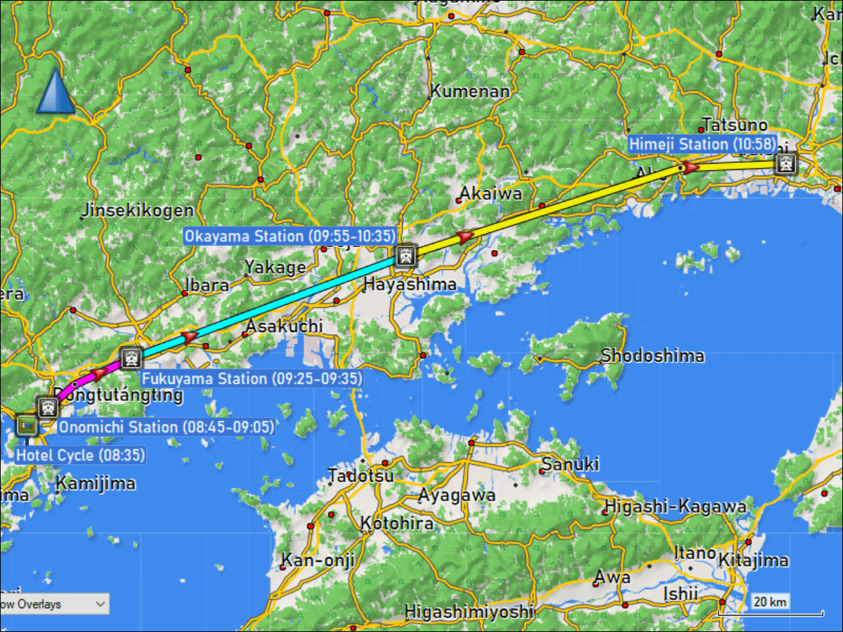 wegstrecke der fahrt mit dem regionalzug von onomichi nach fukuyama und der fahrten mit dem shinkansen von fukuyama via okayama nach himeji