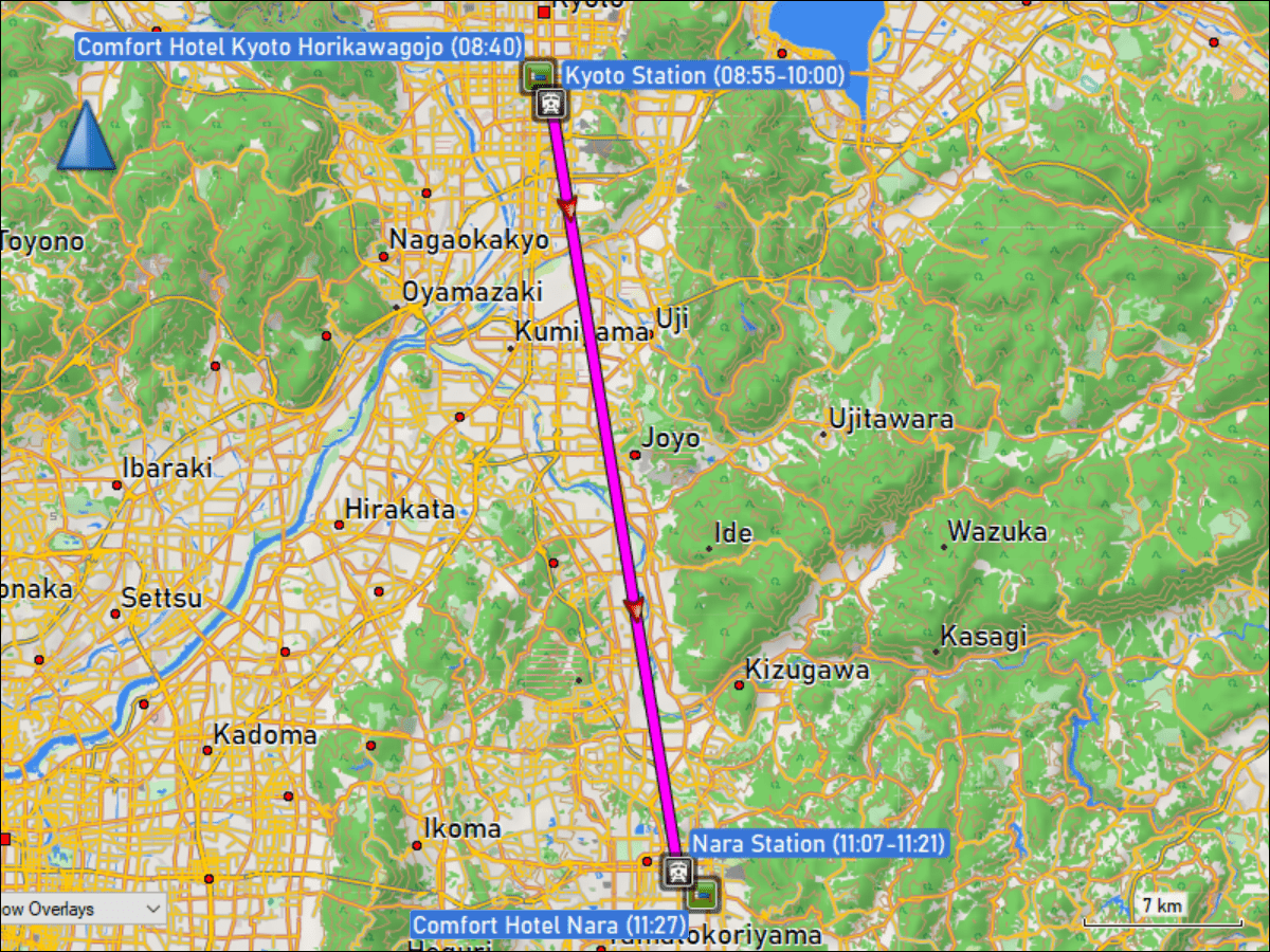 wegstrecke der zugfahrt von kyoto nach nara