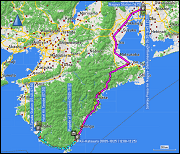 karte der fahrt mit dem regionalzug vom bahnhof kii-tanabe zum bahnhof kii-katsuura, fahrt mit dem bus vom bahnhof kii-katsuura zur pagoda of seigantoji bei nachisan und zurueck sowie fahrt mit dem limited express vom bahnhof kii-katsuura zum bahnhof nagoya