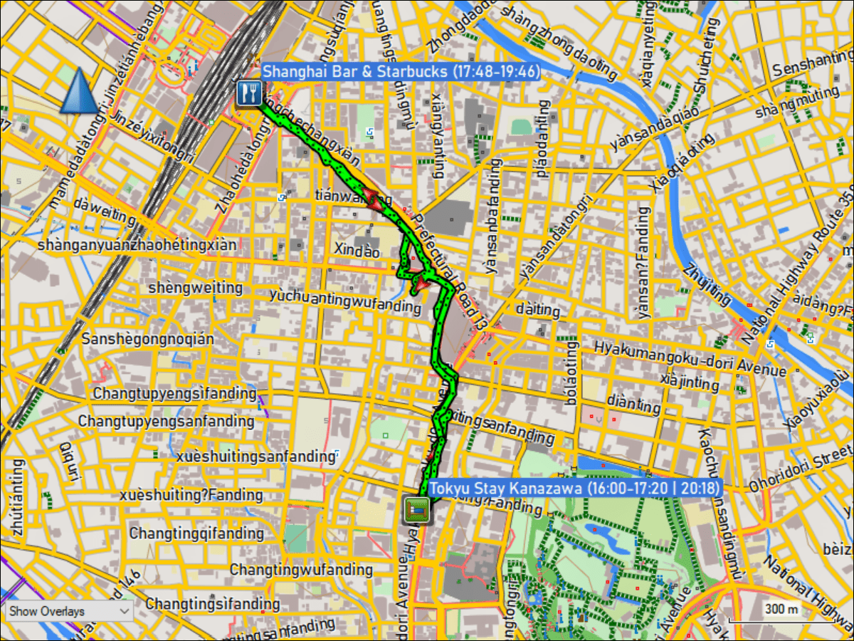 wegstrecke des fussmarsch vom hotel tokyu stay kanazawa zum restaurant shanghai bar und starbucks cafe und zurueck
