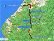 karte und hoehenprofil fahrt vom miharaya ryokan in gujo hachiman via ogimachi village und suganuma village zum hotel tokyu stay kanazawa sowie karte des fussmarsch vom hotel tokyu stay kanazawa zum restaurant shanghai bar und starbucks cafe und zurueck