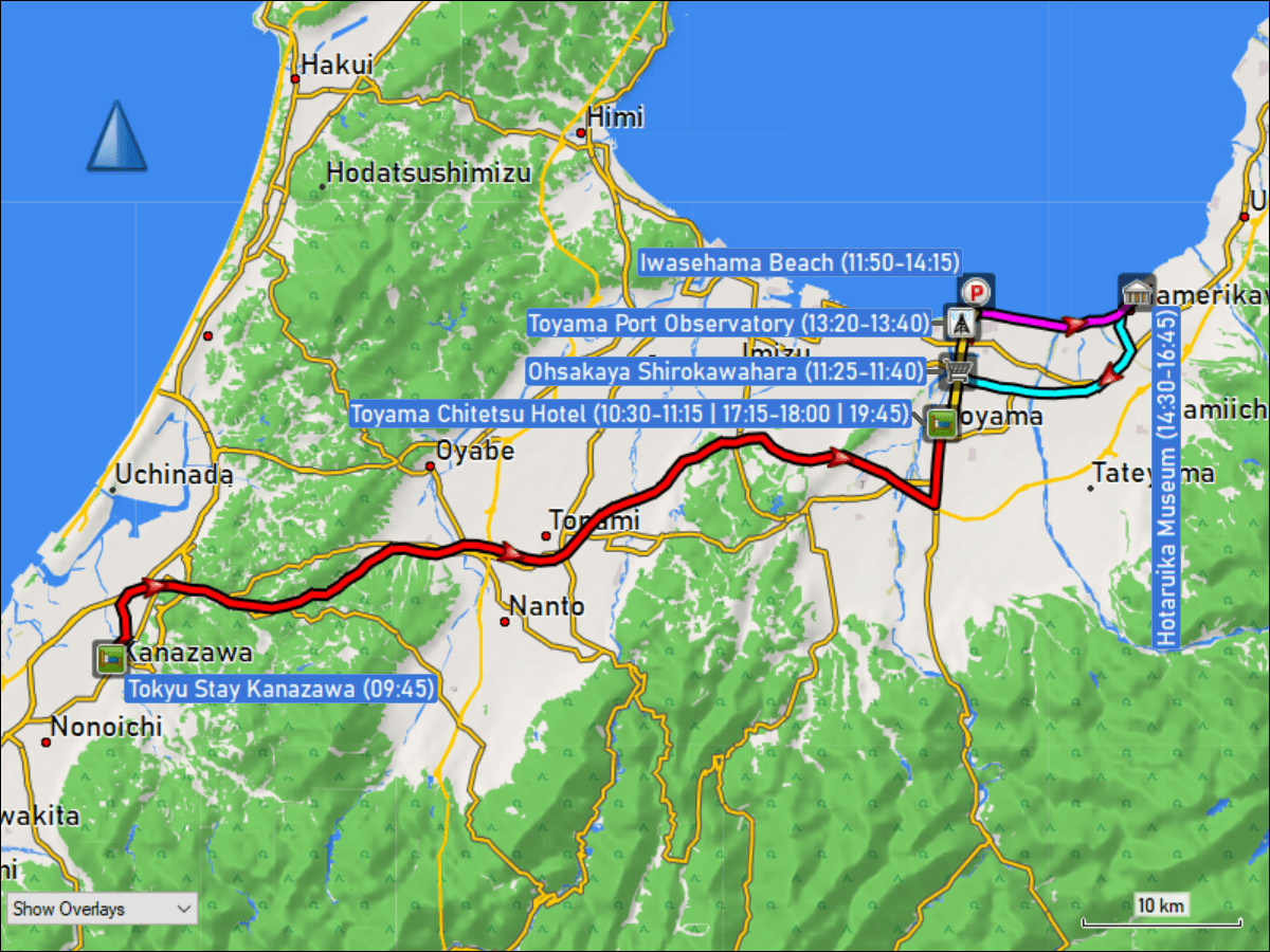 wegstrecke der fahrt von kanazawa nach toyama, der fahrt vom toyama chitetsu hotel via supermarkt ohsakaya shirokawahara zum parkplatz bei der iwasehama beach, der fahrt vom parkplatz zum hotaruika museum sowie der fahrt zurueck zum hotel