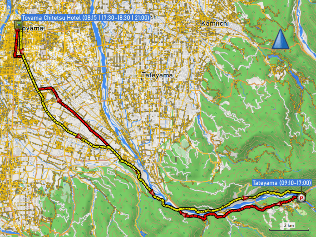 wegstrecke der fahrt vom toyama chitetsu hotel zum parkplatz bei der tateyama station und zurueck