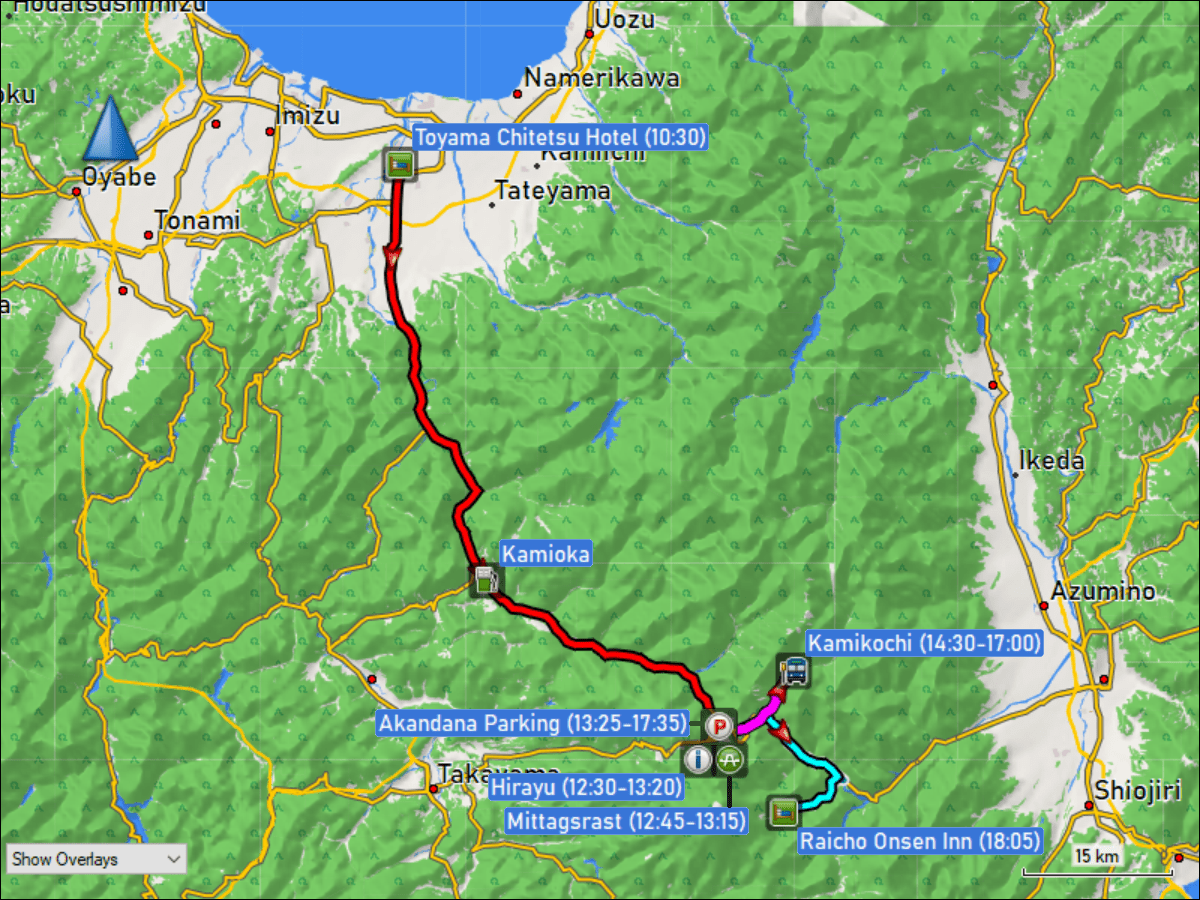 wegstrecke der fahrt vom toyama chitetsu hotel via besucherzentrum hirayu/parkplatz akandana zum raicho onsen inn bei norikura, matsumoto sowie der busfahrt von akandana nach kamikochi und zurueck