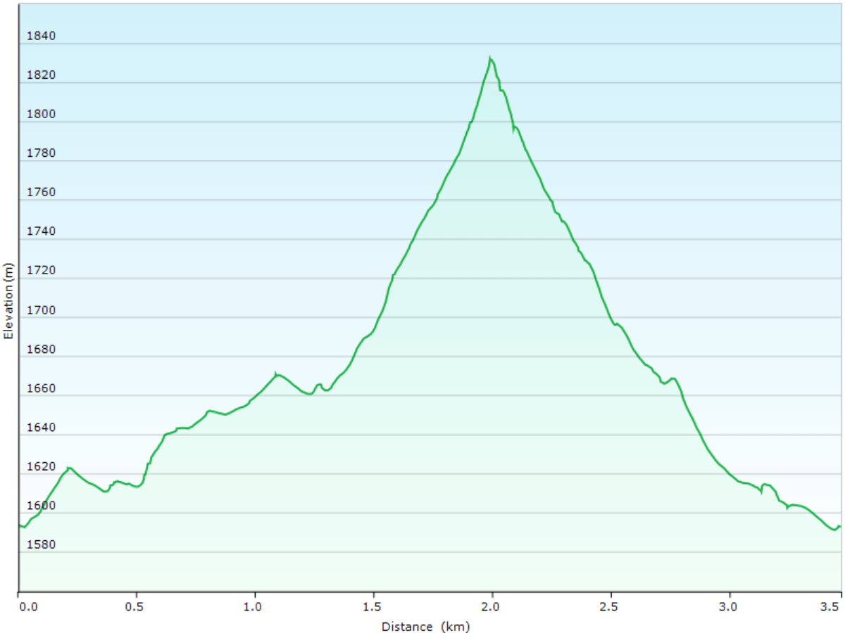 hoehenprofil der kurzwanderung von der bergstation sugatami richtung mount asahidake und zurueck