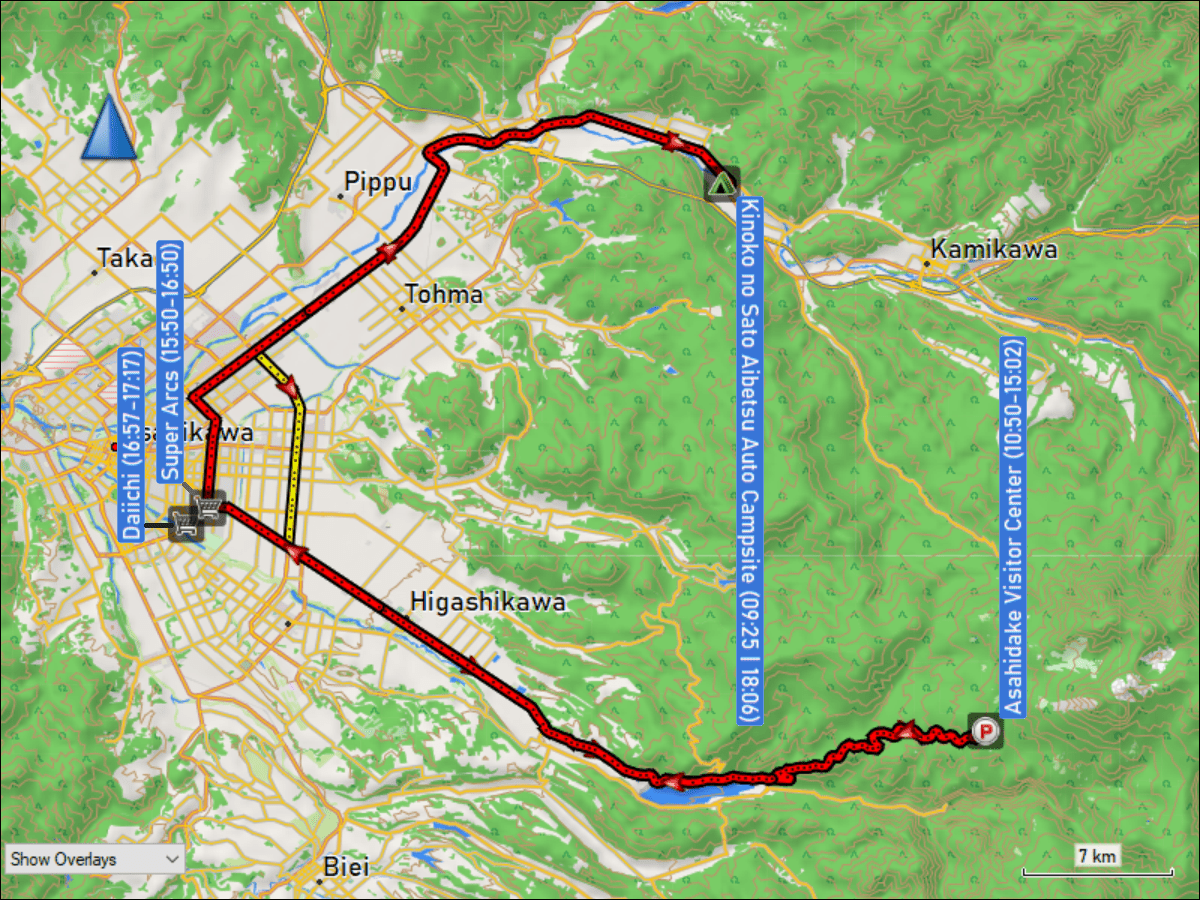wegstrecke der fahrt vom aibetsu auto campsite zum parkplatz beim asahidake visitor center im daisetsuzan nationalpark und zurueck via asahikawa