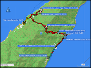 karte und hoehenprofil der fahrt vom shiretoko campsite bei utoro via shiretoko goko lakes field house, shiretoko pass, rausu visitor center und rausu zum rausu auto camp sowie der fahrt vom rausu auto camp zum onsen livemax resort shiretoko sea front und zurueck plus karte der rundwanderung um die fuenf shiretoko goko lakes im shiretoko nationalpark