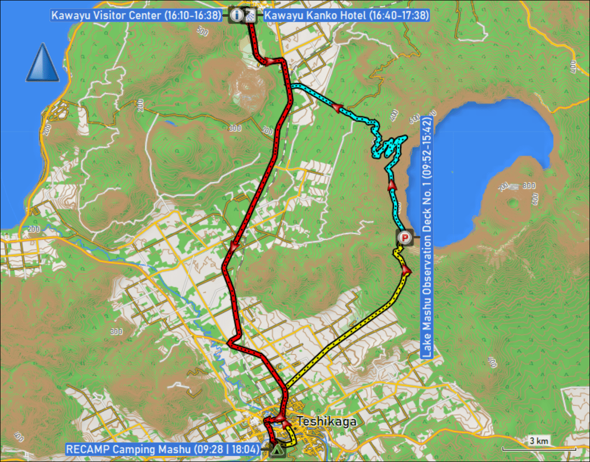 wegstrecke der fahrten rund um teshikaga