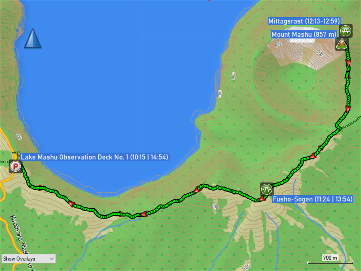 wegstrecke der wanderung ueber den mount mashu trail vom lake mashu observation deck no. 1 auf den gipfel des mount mashu und zurueck